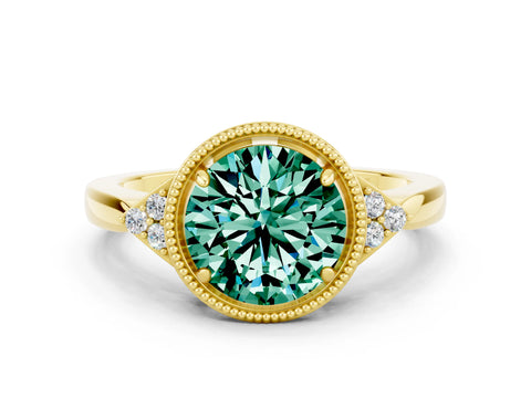 Yellow gold Round Cut Green Sapphire Halo Ring with Tapered Band and Four-Prong Setting