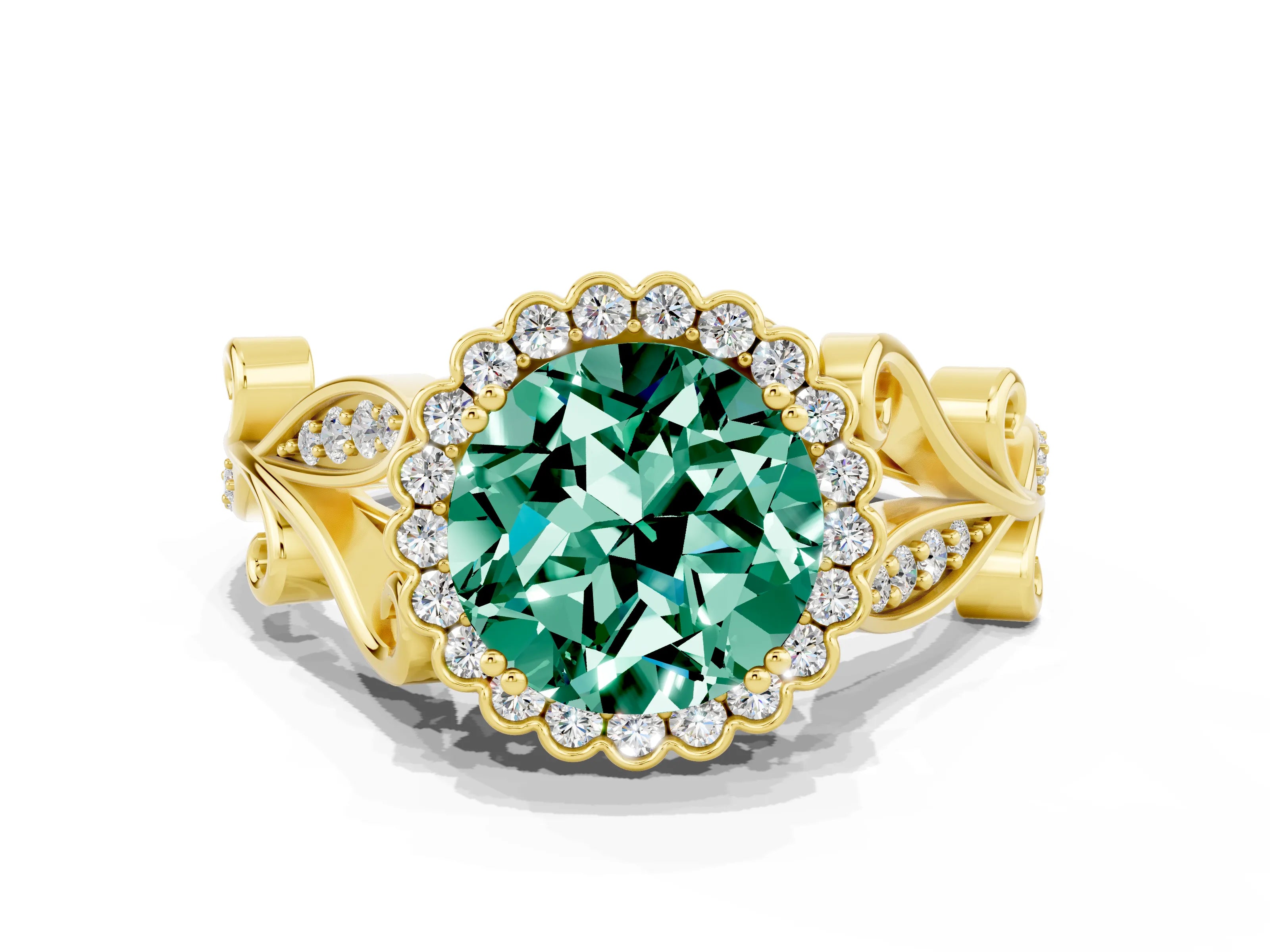 Yellow gold Round Cut Green Sapphire Halo Ring with Vintage Split Shank and Four-Prong Setting_20