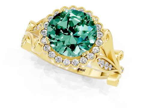 Yellow gold Round Cut Green Sapphire Halo Ring with Vintage Split Shank and Four-Prong Setting_21