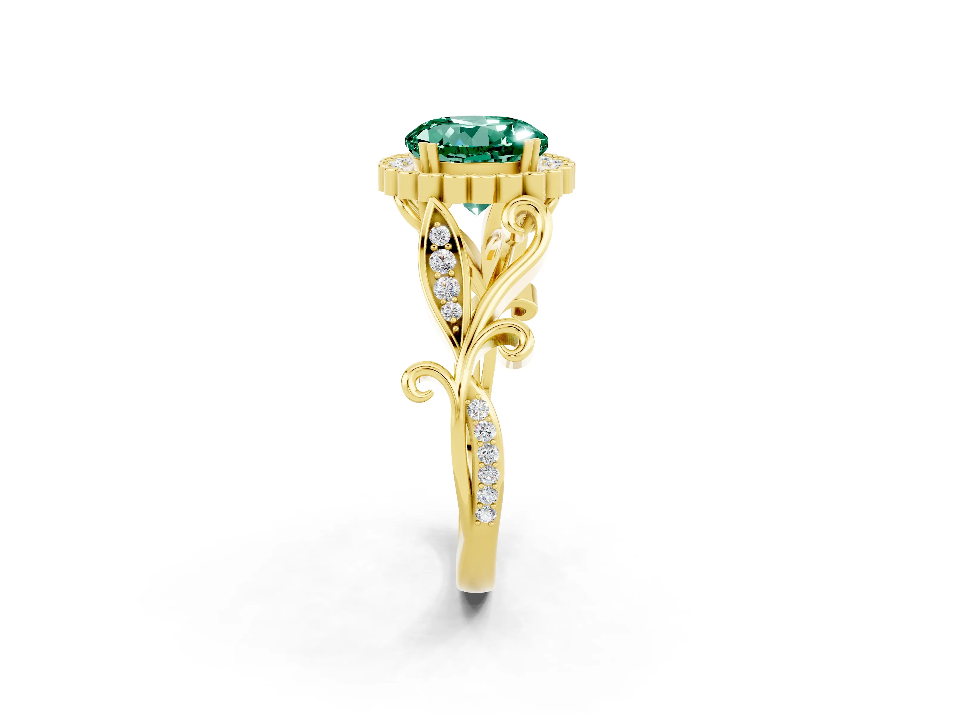 Yellow gold Round Cut Green Sapphire Halo Ring with Vintage Split Shank and Four-Prong Setting_22