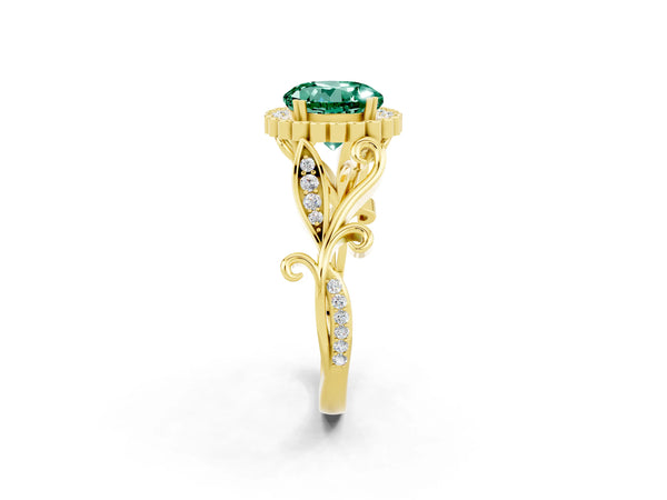 Yellow gold Round Cut Green Sapphire Halo Ring with Vintage Split Shank and Four-Prong Setting