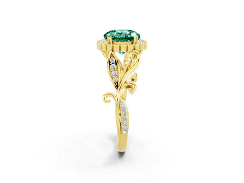Yellow gold Round Cut Green Sapphire Halo Ring with Vintage Split Shank and Four-Prong Setting_22