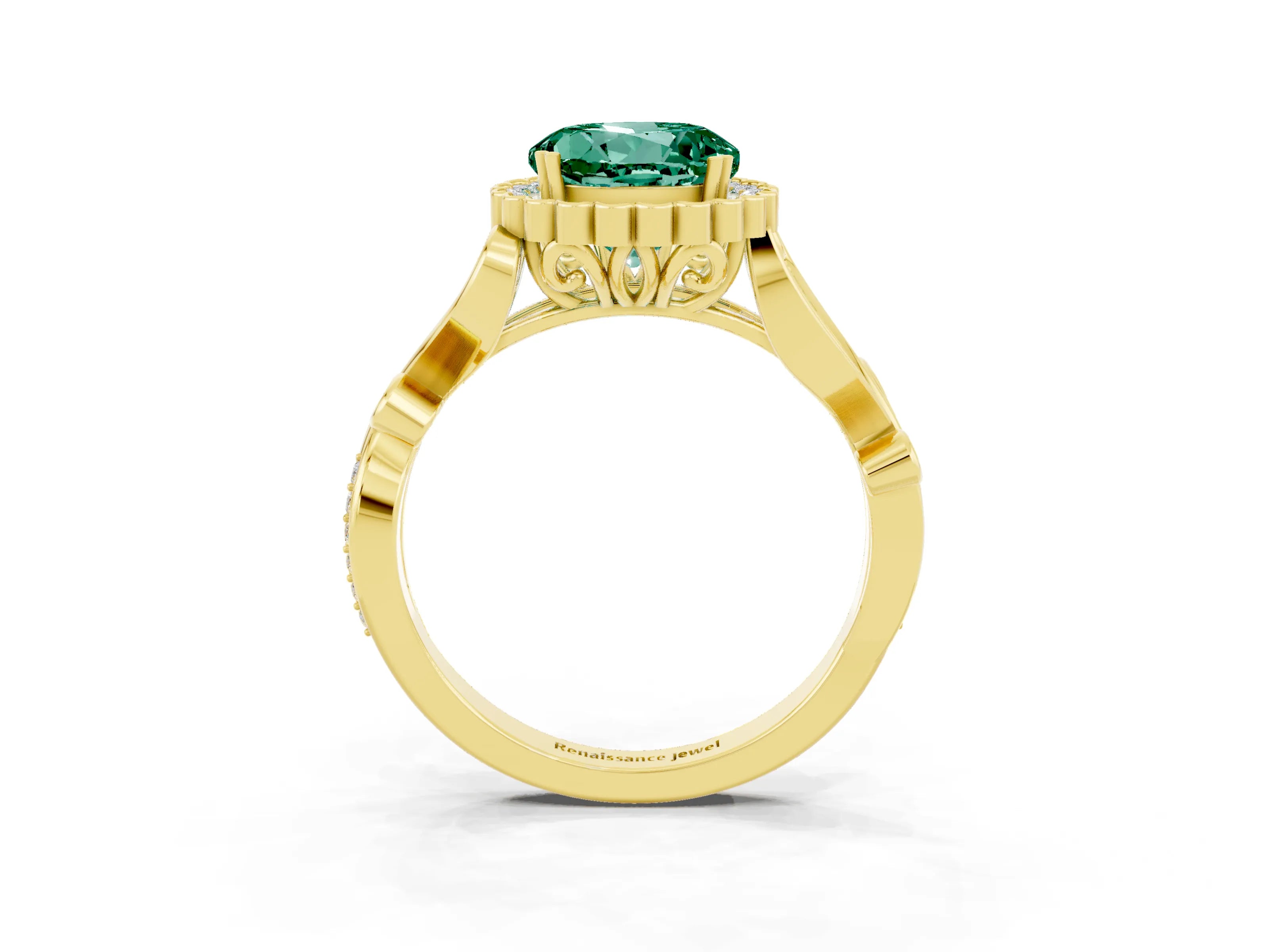 Yellow gold Round Cut Green Sapphire Halo Ring with Vintage Split Shank and Four-Prong Setting_23