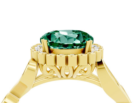 Yellow gold Round Cut Green Sapphire Halo Ring with Vintage Split Shank and Four-Prong Setting_24