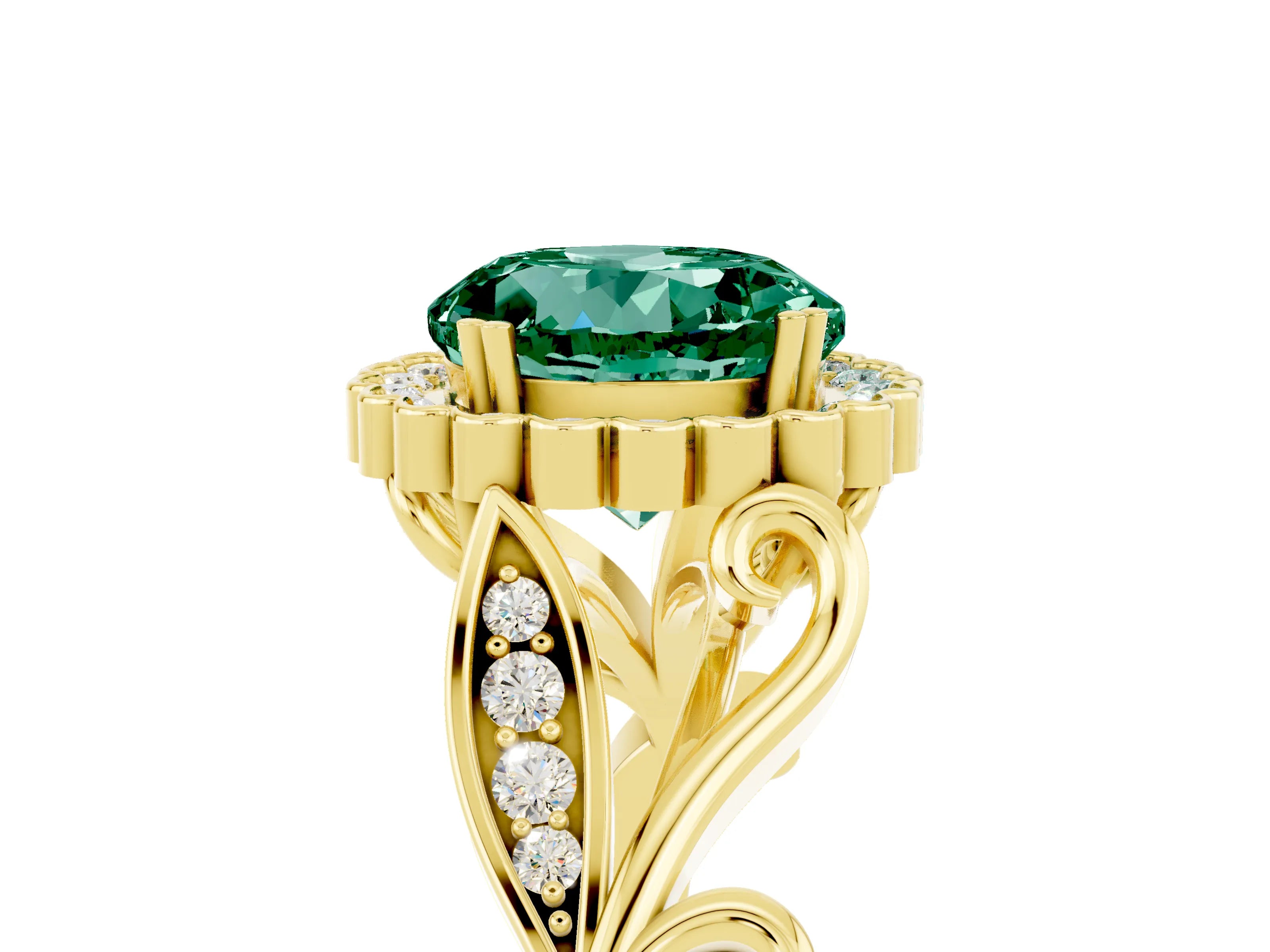 Yellow gold Round Cut Green Sapphire Halo Ring with Vintage Split Shank and Four-Prong Setting_25