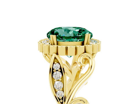 Yellow gold Round Cut Green Sapphire Halo Ring with Vintage Split Shank and Four-Prong Setting_25