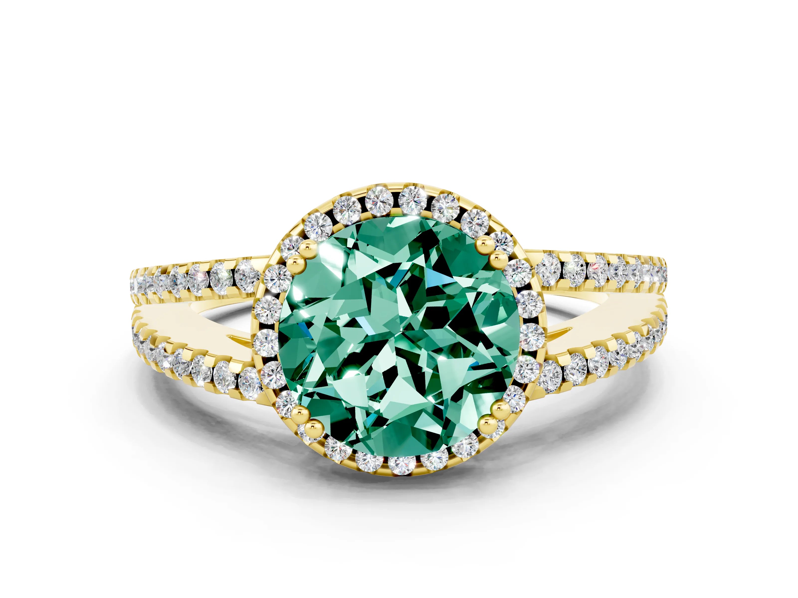 Yellow gold Round Cut Green Sapphire Halo Split Shank Engagement Ring_12