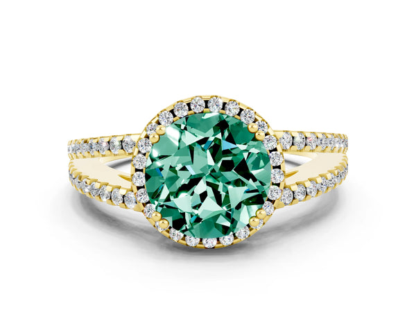 Yellow gold Round Cut Green Sapphire Halo Split Shank Engagement Ring