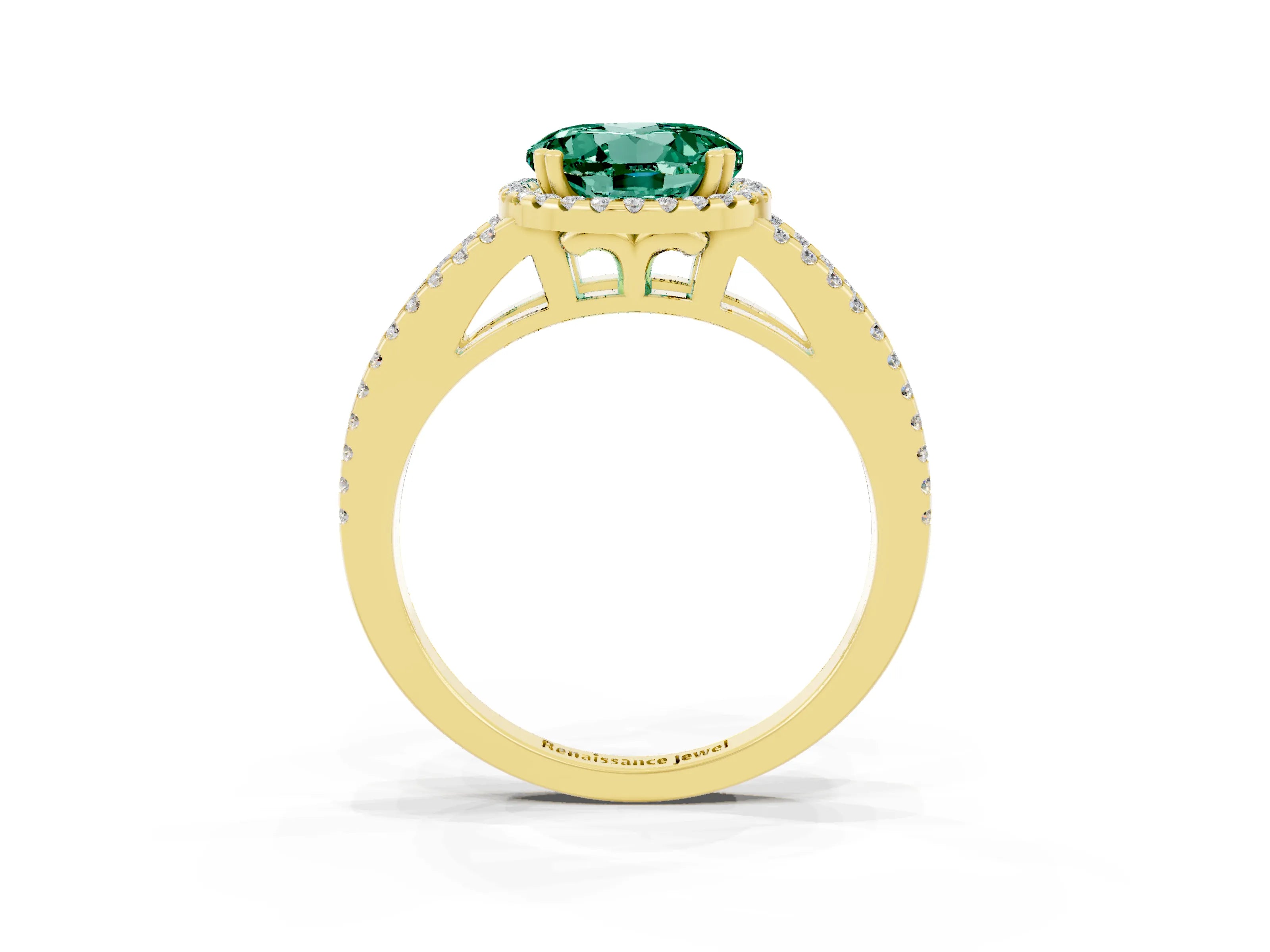 Yellow gold Round Cut Green Sapphire Halo Split Shank Engagement Ring_15