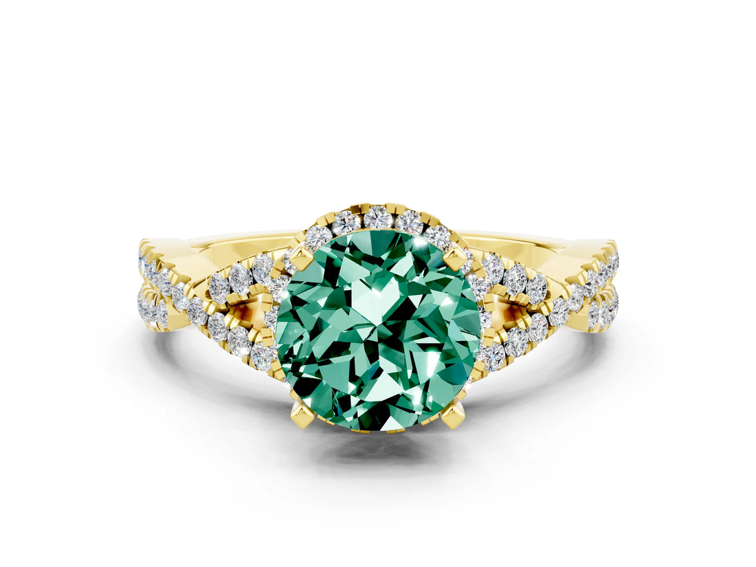 Yellow gold Round Cut Green Sapphire Halo Twist Band Solitaire Prong Setting Ring