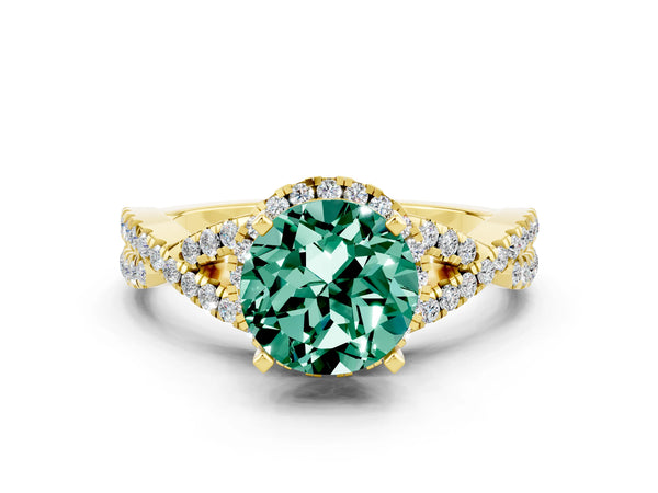 Yellow gold Round Cut Green Sapphire  Halo Twist Band Solitaire Prong Setting Ring
