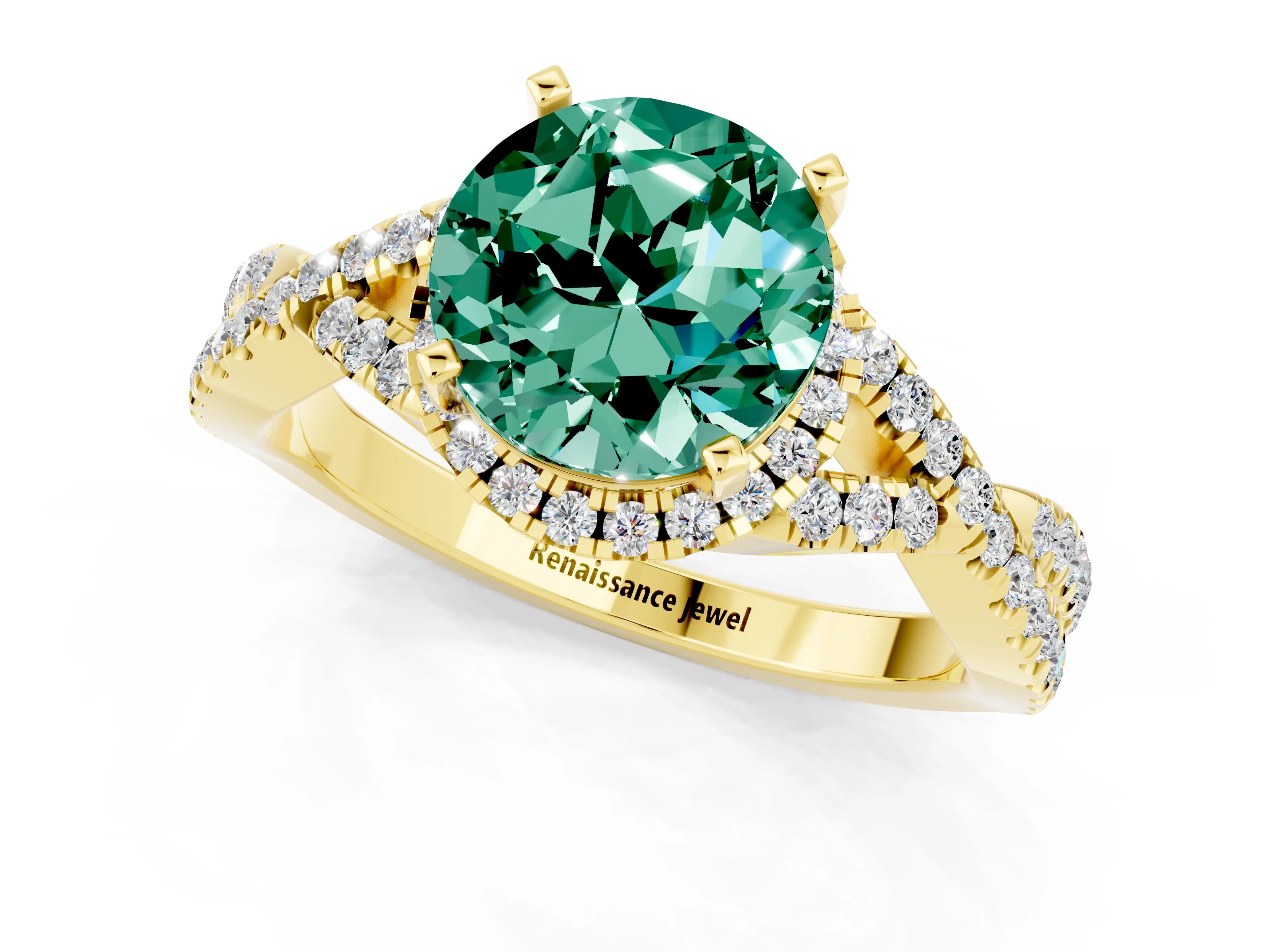 Yellow gold Round Cut Green Sapphire Halo Twist Band Solitaire Prong Setting Ring_1