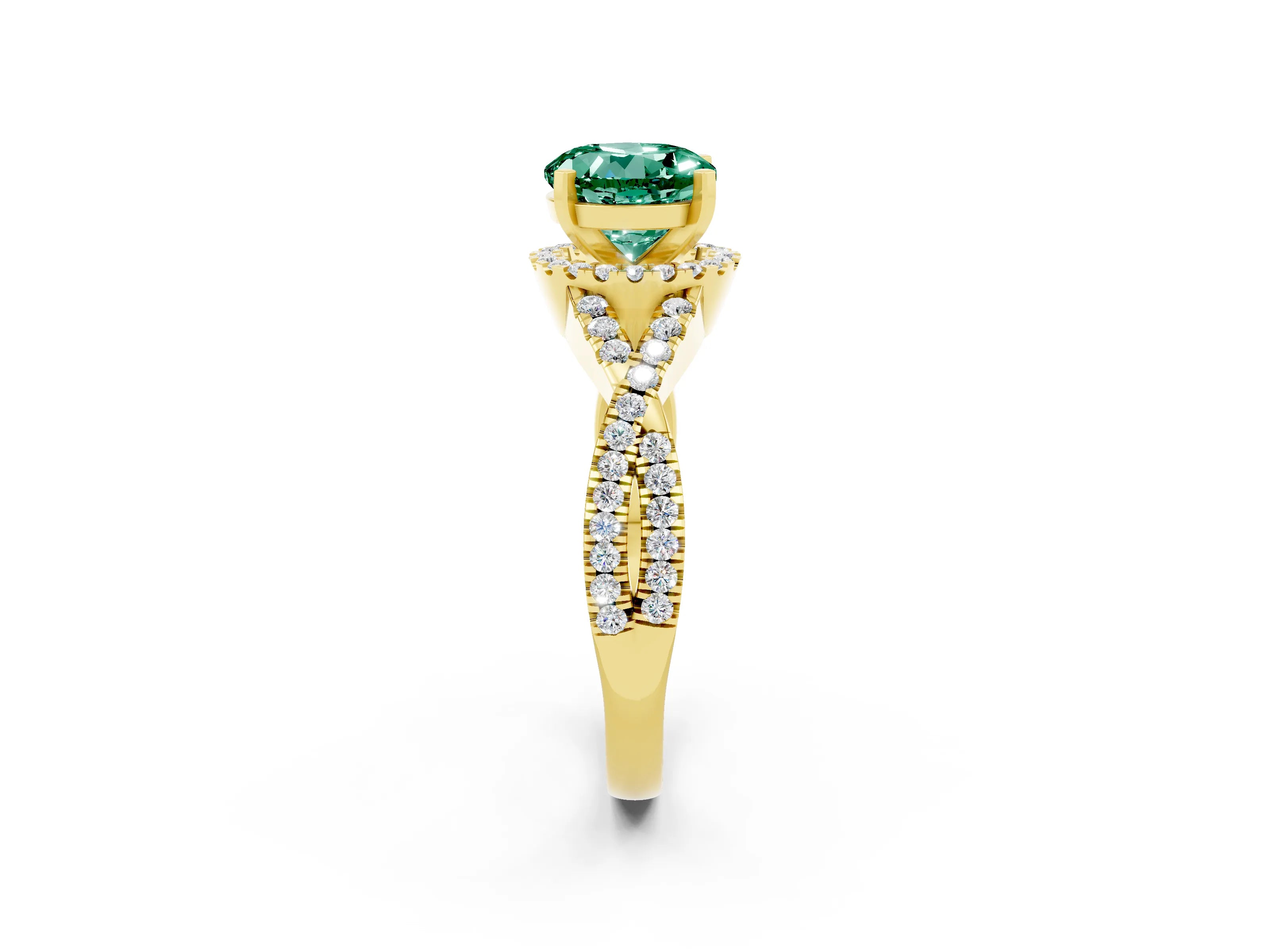 Yellow gold Round Cut Green Sapphire Halo Twist Band Solitaire Prong Setting Ring_2