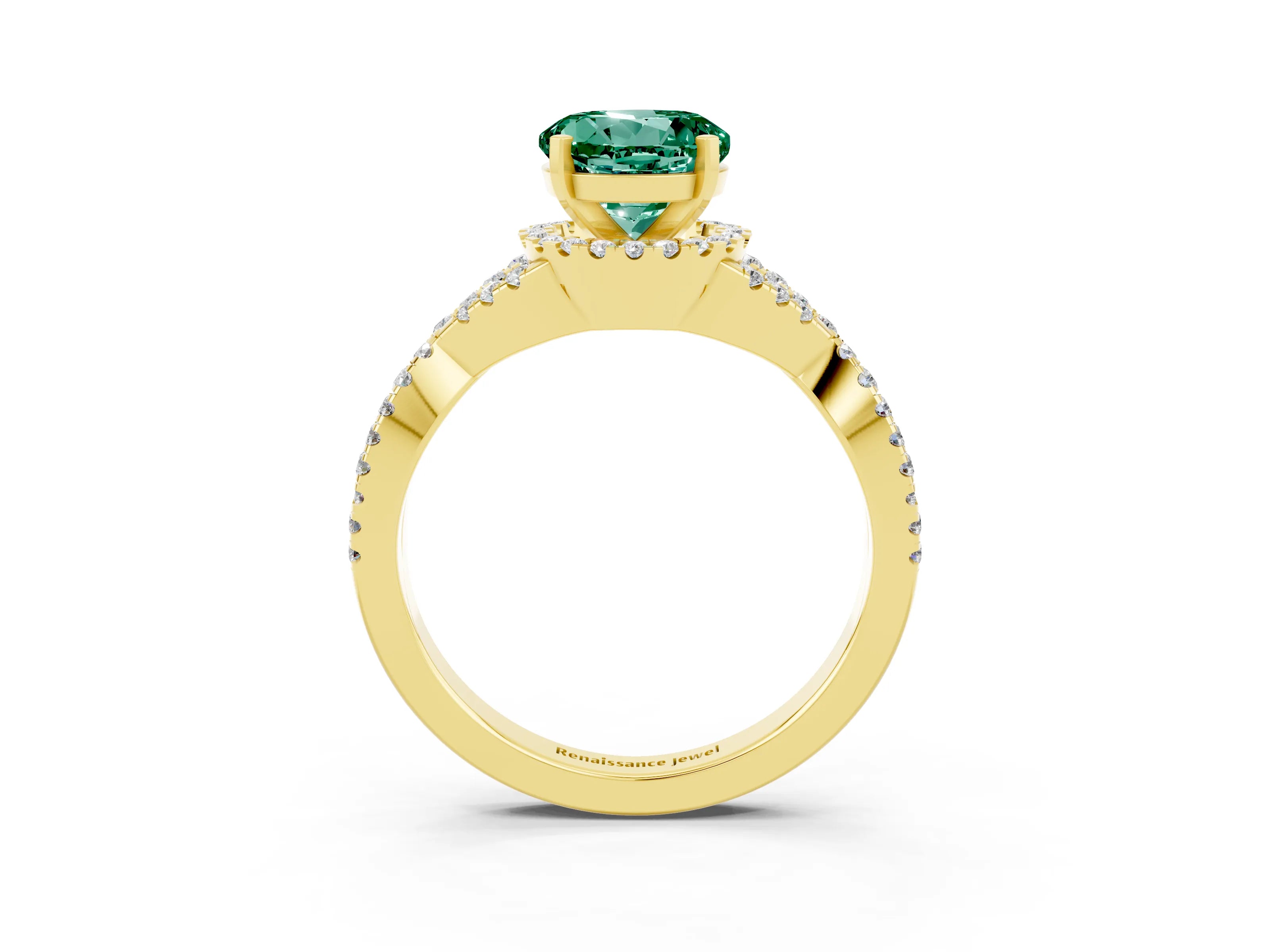 Yellow gold Round Cut Green Sapphire Halo Twist Band Solitaire Prong Setting Ring_3