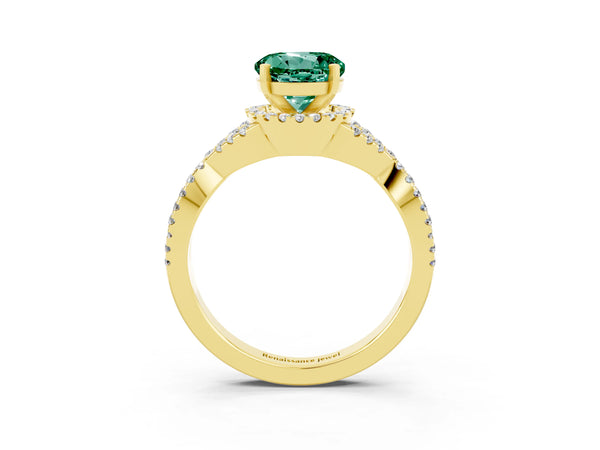 Yellow gold Round Cut Green Sapphire  Halo Twist Band Solitaire Prong Setting Ring