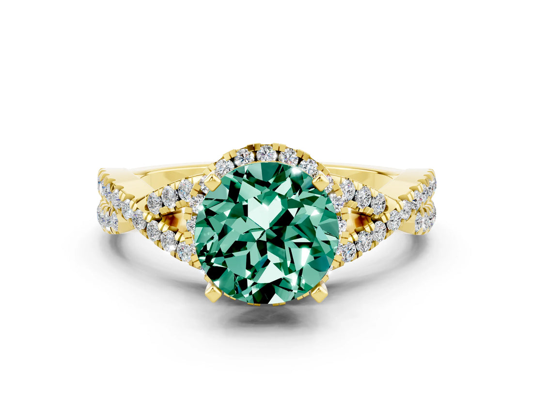 Yellow gold Round Cut Green Sapphire  Halo Twist Band Solitaire Prong Setting Ring_42