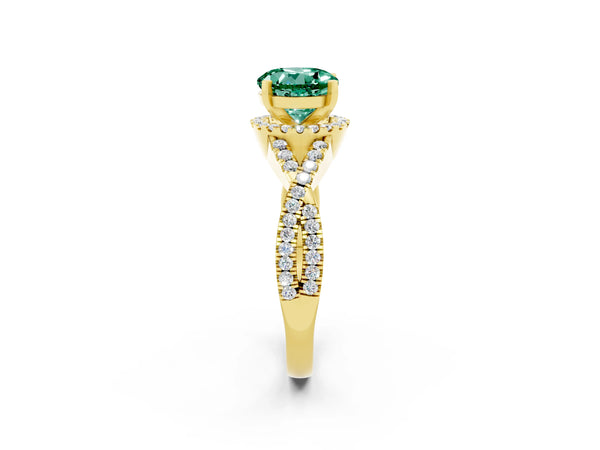 Yellow gold Round Cut Green Sapphire  Halo Twist Band Solitaire Prong Setting Ring