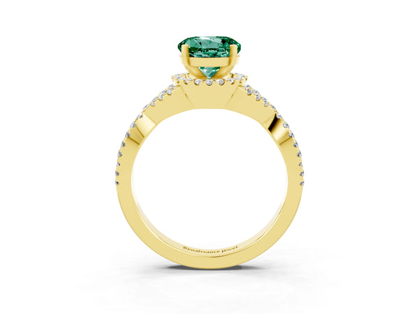 Yellow gold Round Cut Green Sapphire  Halo Twist Band Solitaire Prong Setting Ring