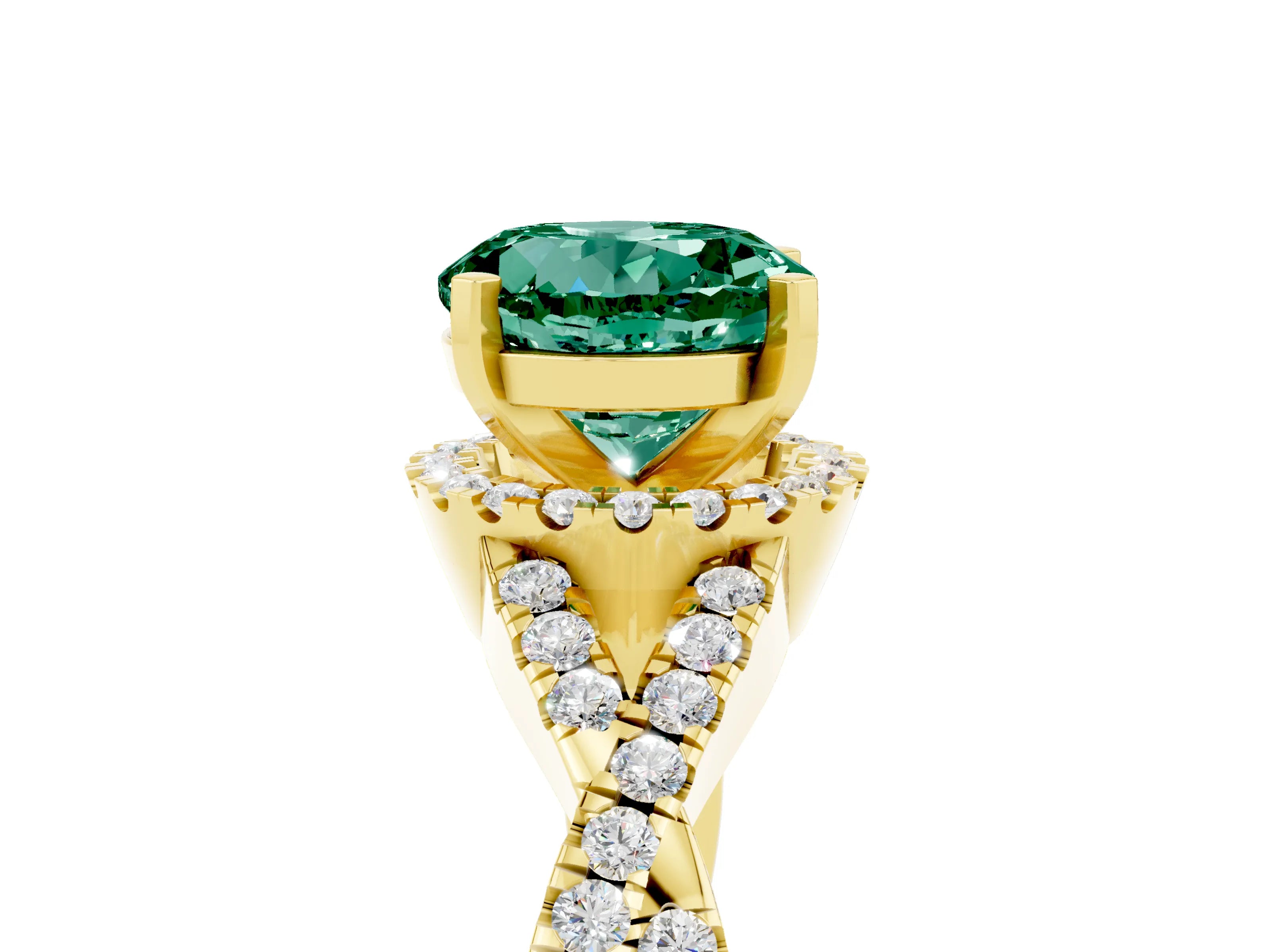 Yellow gold Round Cut Green Sapphire Halo Twist Band Solitaire Prong Setting Ring_5