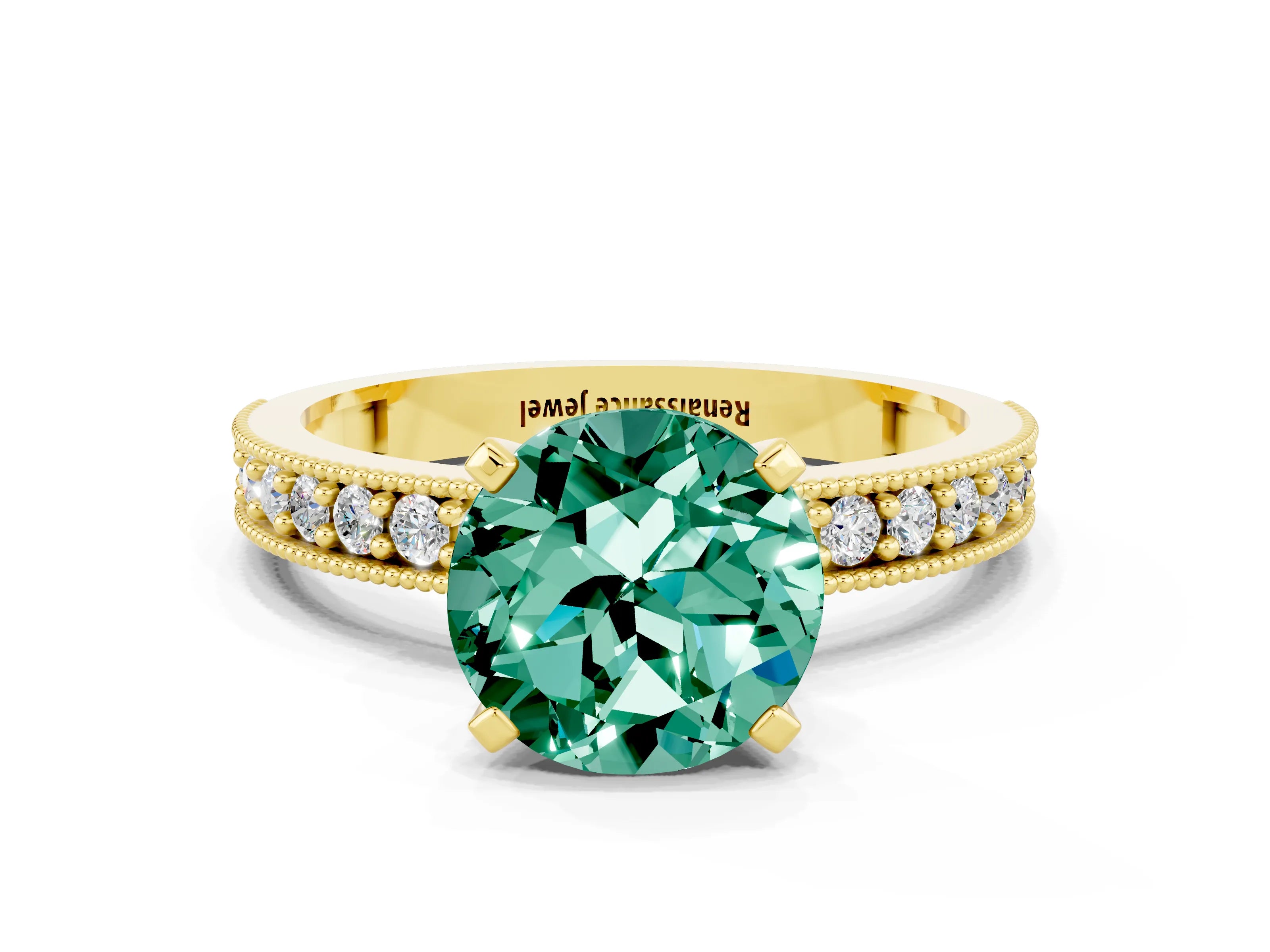 Yellow gold Round Cut Green Sapphire Milgrain Pavé Engagement Ring with Four-Prong Setting