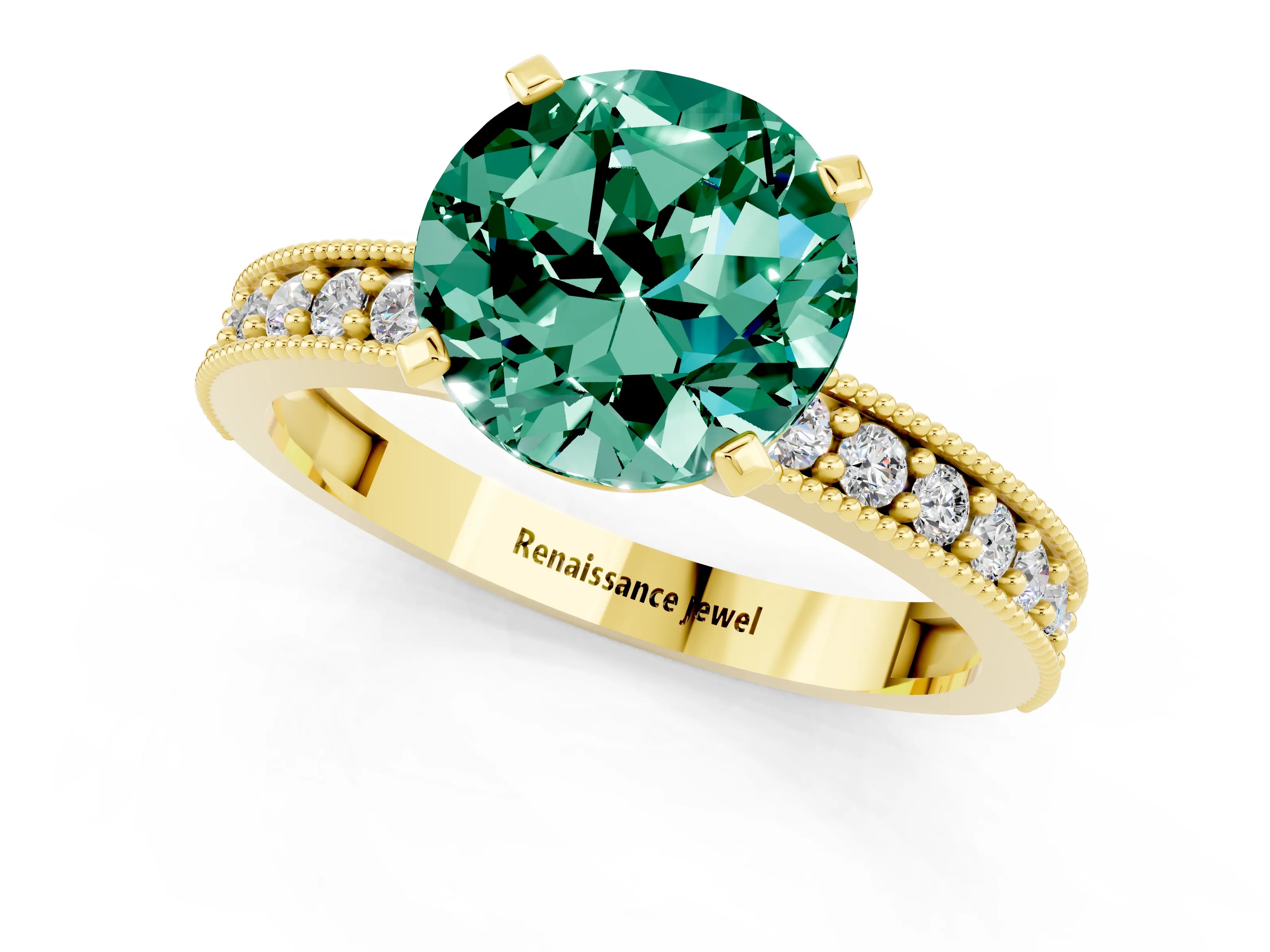 Yellow gold Round Cut Green Sapphire Milgrain Pavé Engagement Ring with Four-Prong Setting_1