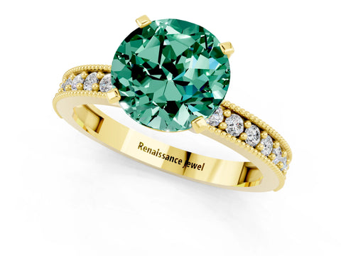 Yellow gold Round Cut Green Sapphire Milgrain Pavé Engagement Ring with Four-Prong Setting_1