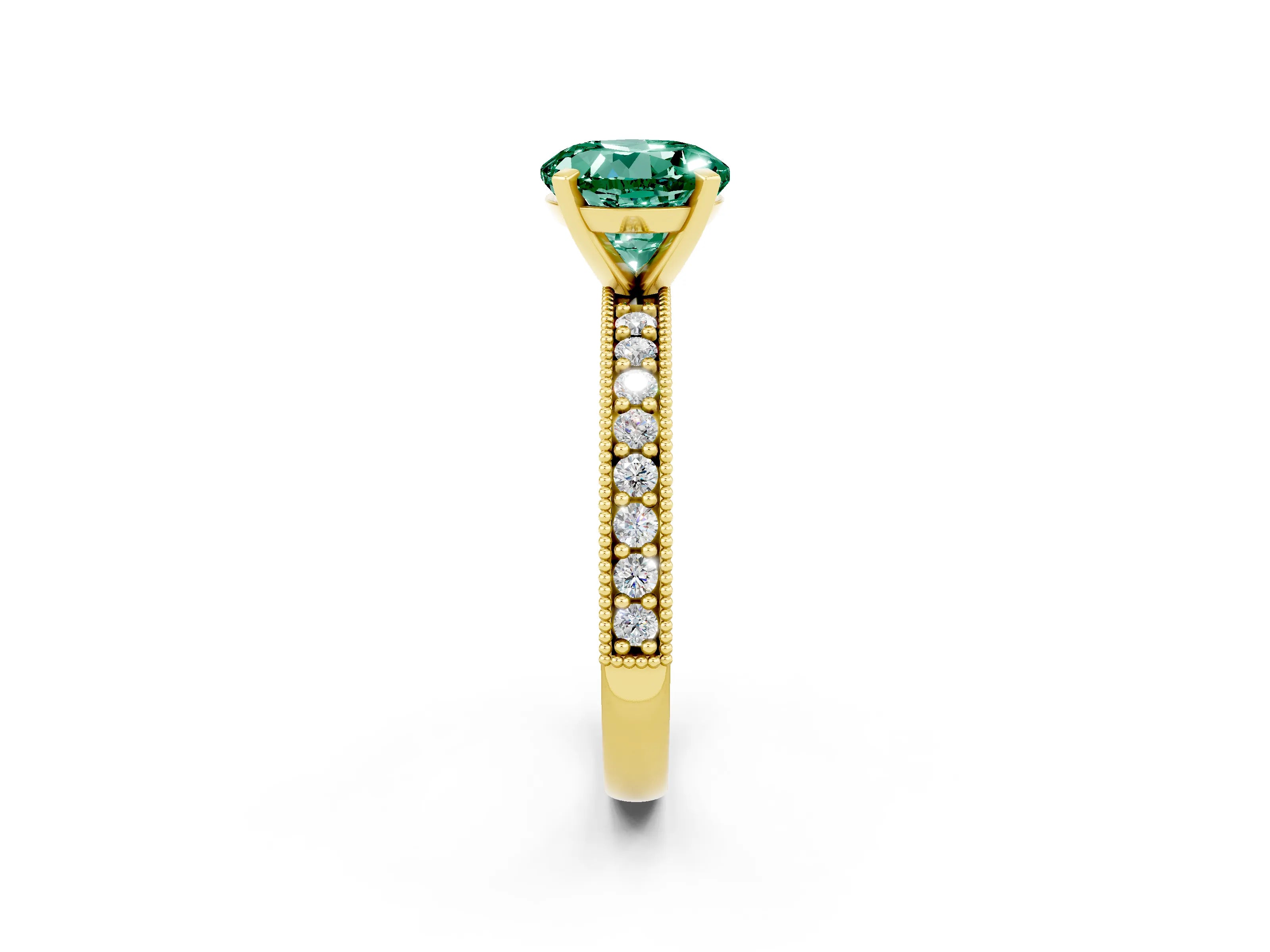 Yellow gold Round Cut Green Sapphire Milgrain Pavé Engagement Ring with Four-Prong Setting_2