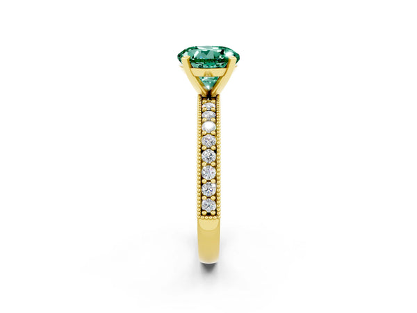 Yellow gold Round Cut Green Sapphire Milgrain Pavé Engagement Ring with Four-Prong Setting