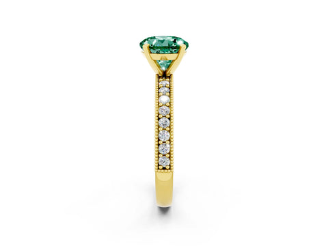 Yellow gold Round Cut Green Sapphire Milgrain Pavé Engagement Ring with Four-Prong Setting_2