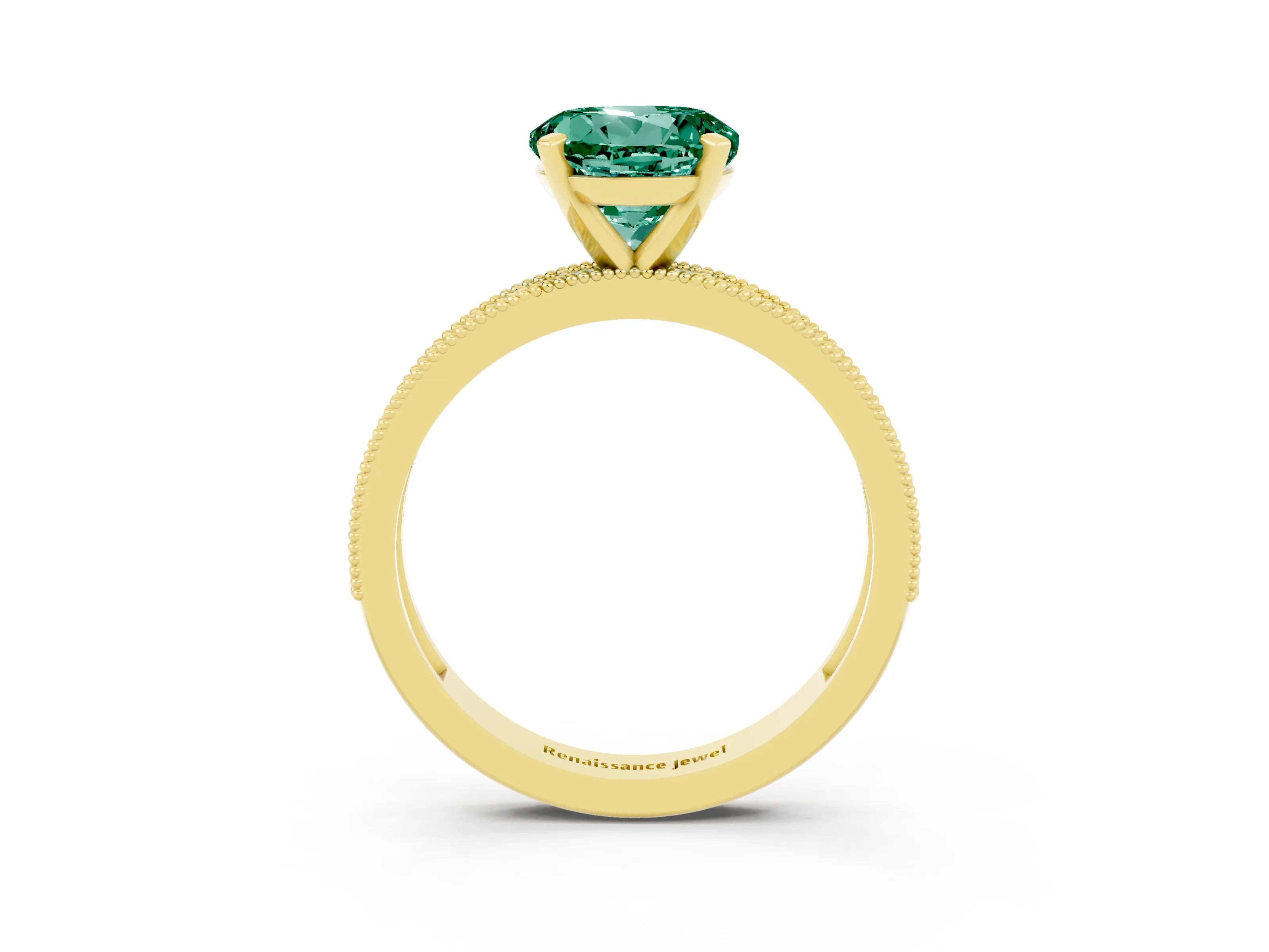 Yellow gold Round Cut Green Sapphire Milgrain Pavé Engagement Ring with Four-Prong Setting_3