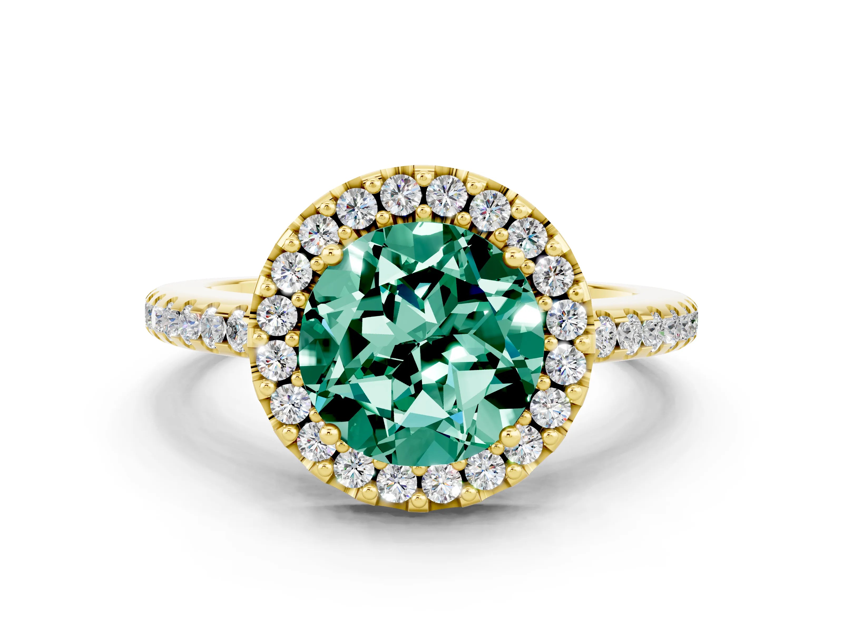 Yellow gold Round Cut Green Sapphire Pavé Halo Ring with Four-Prong Setting_12