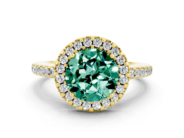 Yellow gold Round Cut Green Sapphire Pavé Halo Ring with Four-Prong Setting