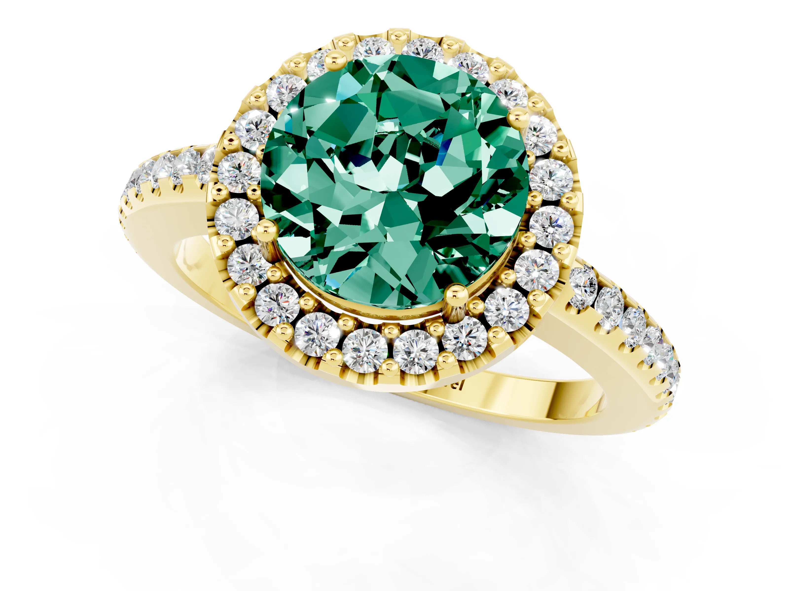 Yellow gold Round Cut Green Sapphire Pavé Halo Ring with Four-Prong Setting_13