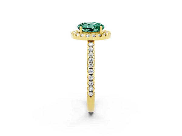 Yellow gold Round Cut Green Sapphire Pavé Halo Ring with Four-Prong Setting