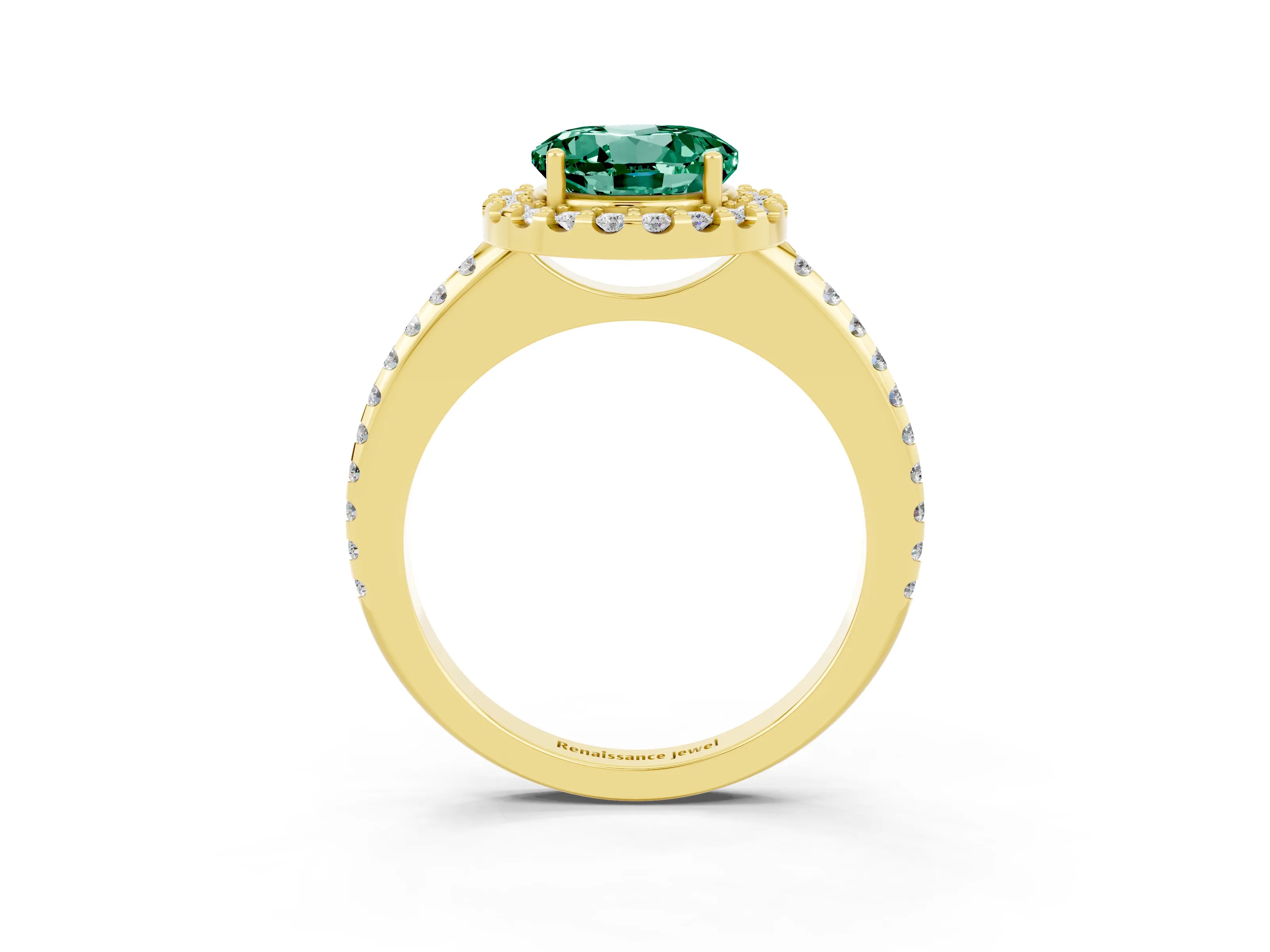 Yellow gold Round Cut Green Sapphire Pavé Halo Ring with Four-Prong Setting_15