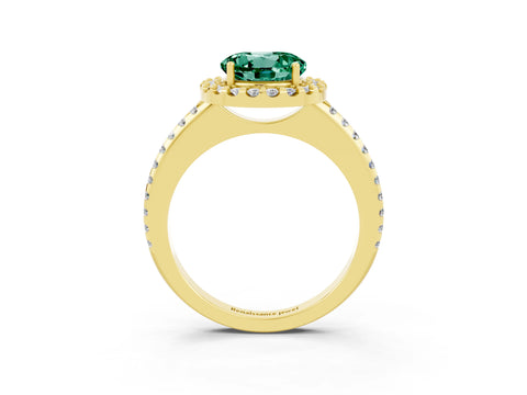 Yellow gold Round Cut Green Sapphire Pavé Halo Ring with Four-Prong Setting_15