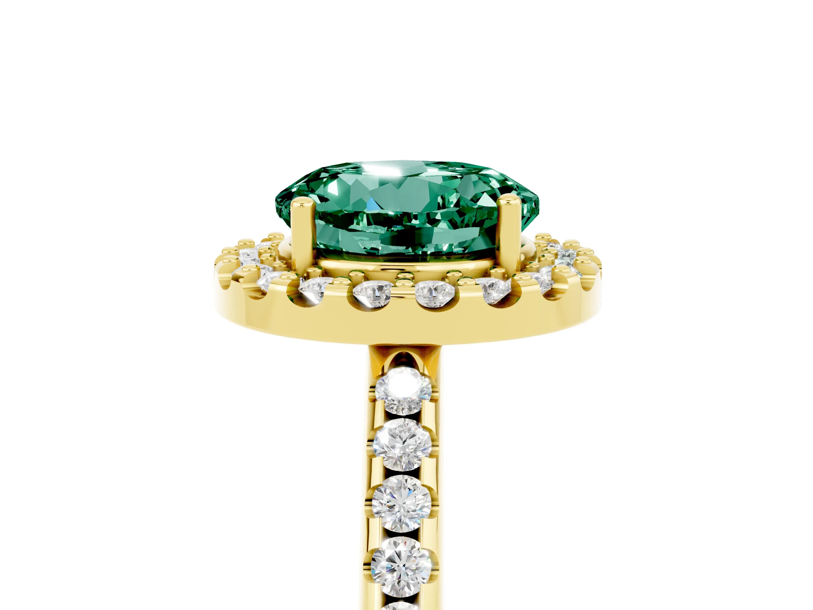 Yellow gold Round Cut Green Sapphire Pavé Halo Ring with Four-Prong Setting_17