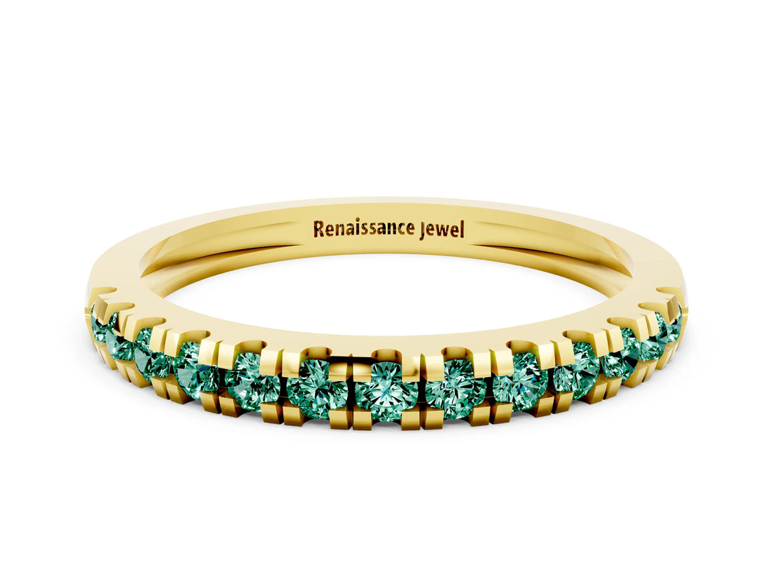 Yellow gold Round Cut Green Sapphire Pavé Set Thin Band