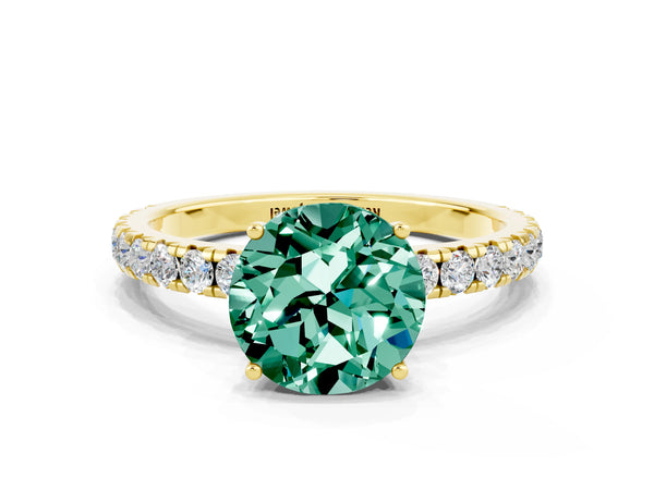 Yellow gold Round Cut Green Sapphire Pavé Solitaire Engagement Ring with Four-Prong Setting