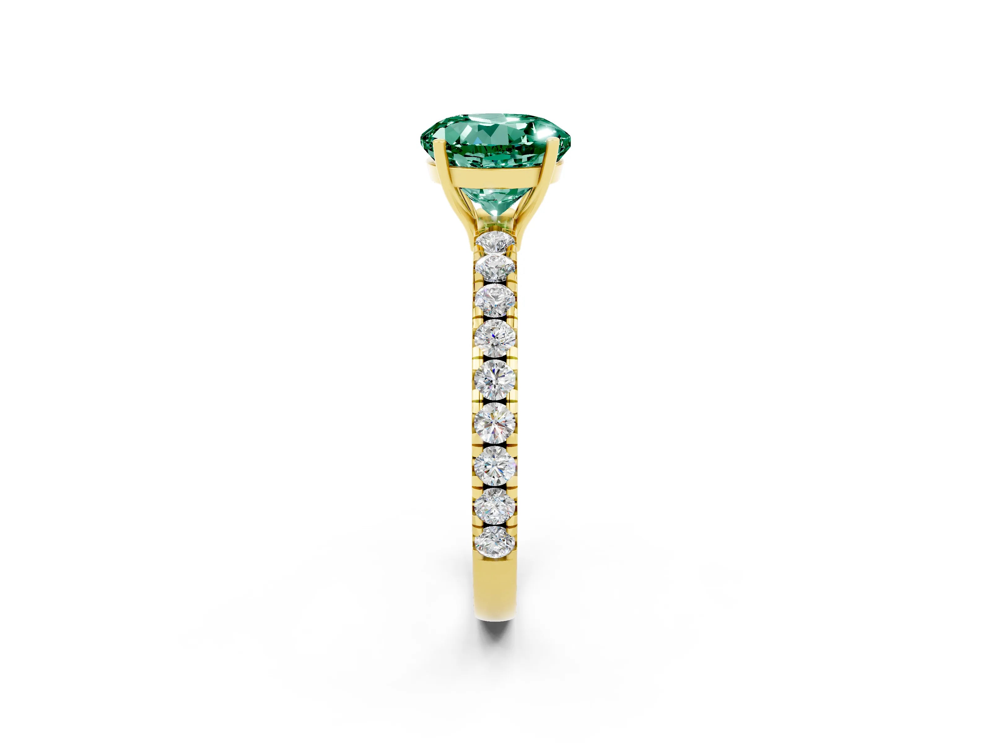 Yellow gold Round Cut Green Sapphire Pavé Solitaire Engagement Ring with Four-Prong Setting_14