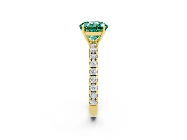 Yellow gold Round Cut Green Sapphire Pavé Solitaire Engagement Ring with Four-Prong Setting