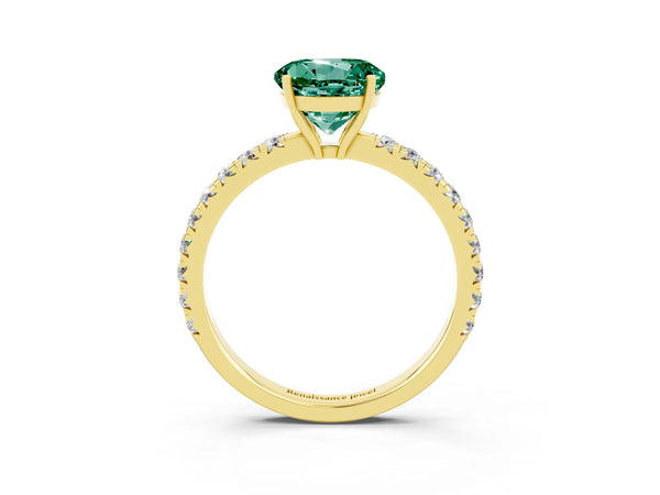 Yellow gold Round Cut Green Sapphire Pavé Solitaire Engagement Ring with Four-Prong Setting