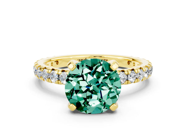 Yellow gold Round Cut Green Sapphire Pavé Solitaire Ring with Round Band and Prong Setting