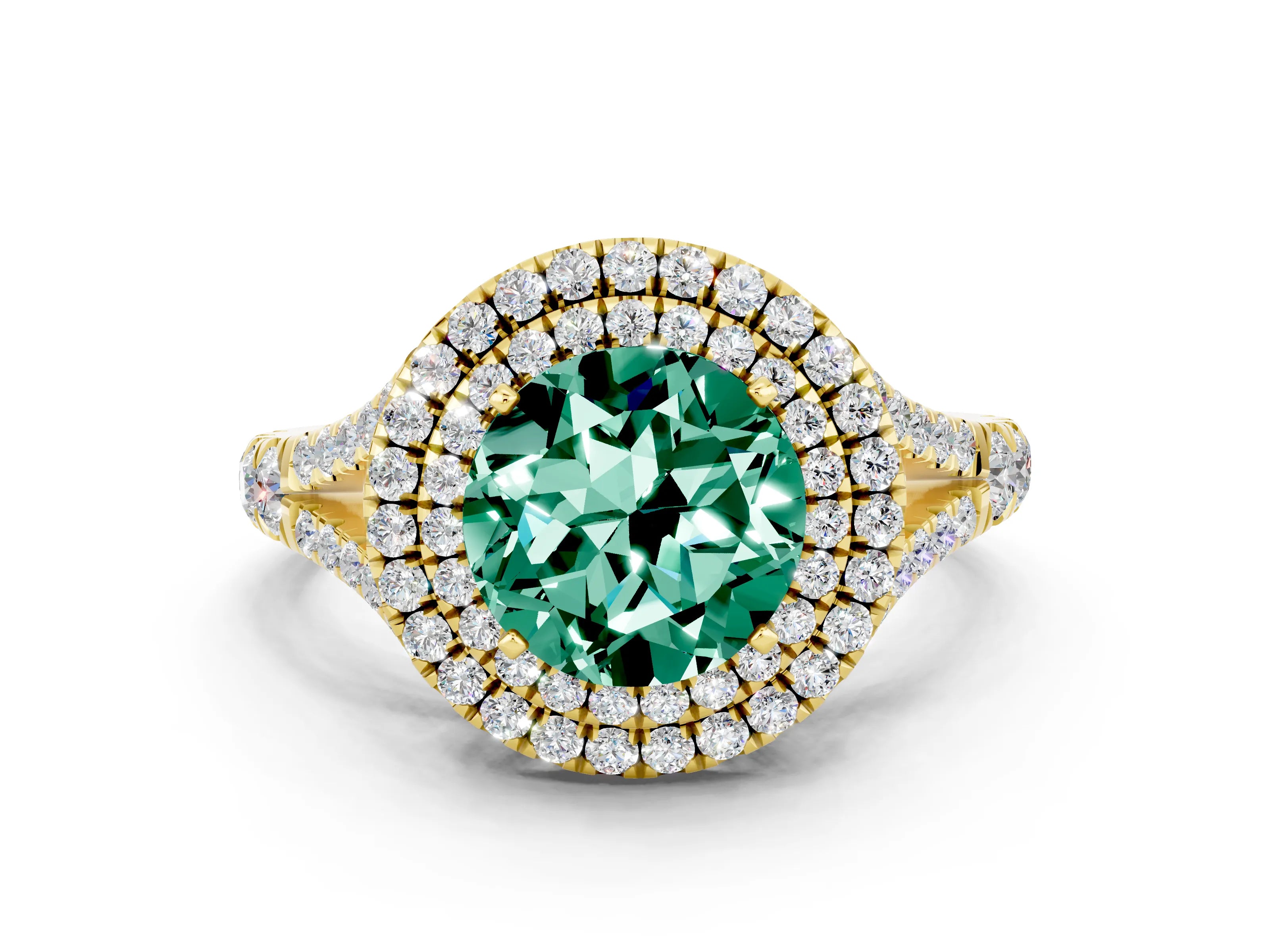 Yellow gold Round Cut Green Sapphire Pavé Split Shank Double Halo Engagement Ring