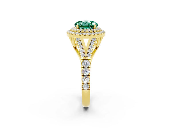 Yellow gold Round Cut Green Sapphire Pavé Split Shank Double Halo Engagement Ring