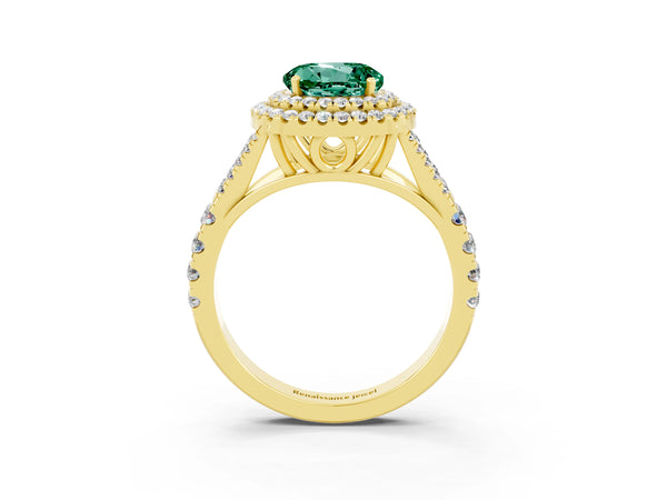 Yellow gold Round Cut Green Sapphire Pavé Split Shank Double Halo Engagement Ring
