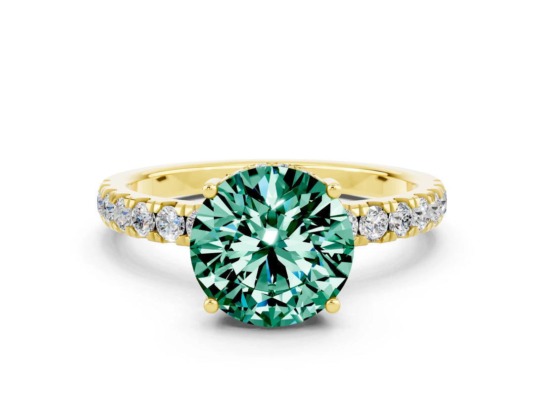 Yellow gold Round Cut Green Sapphire Pave Band Solitaire Ring with Four-Prong Setting_12