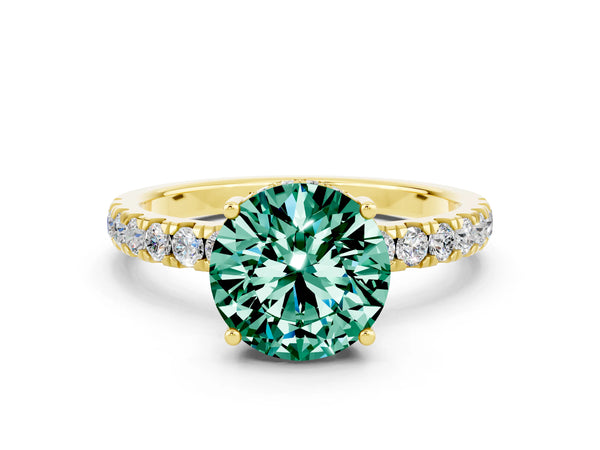 Yellow gold Round Cut Green Sapphire Pave Band Solitaire Ring with Round  and Prong Setting