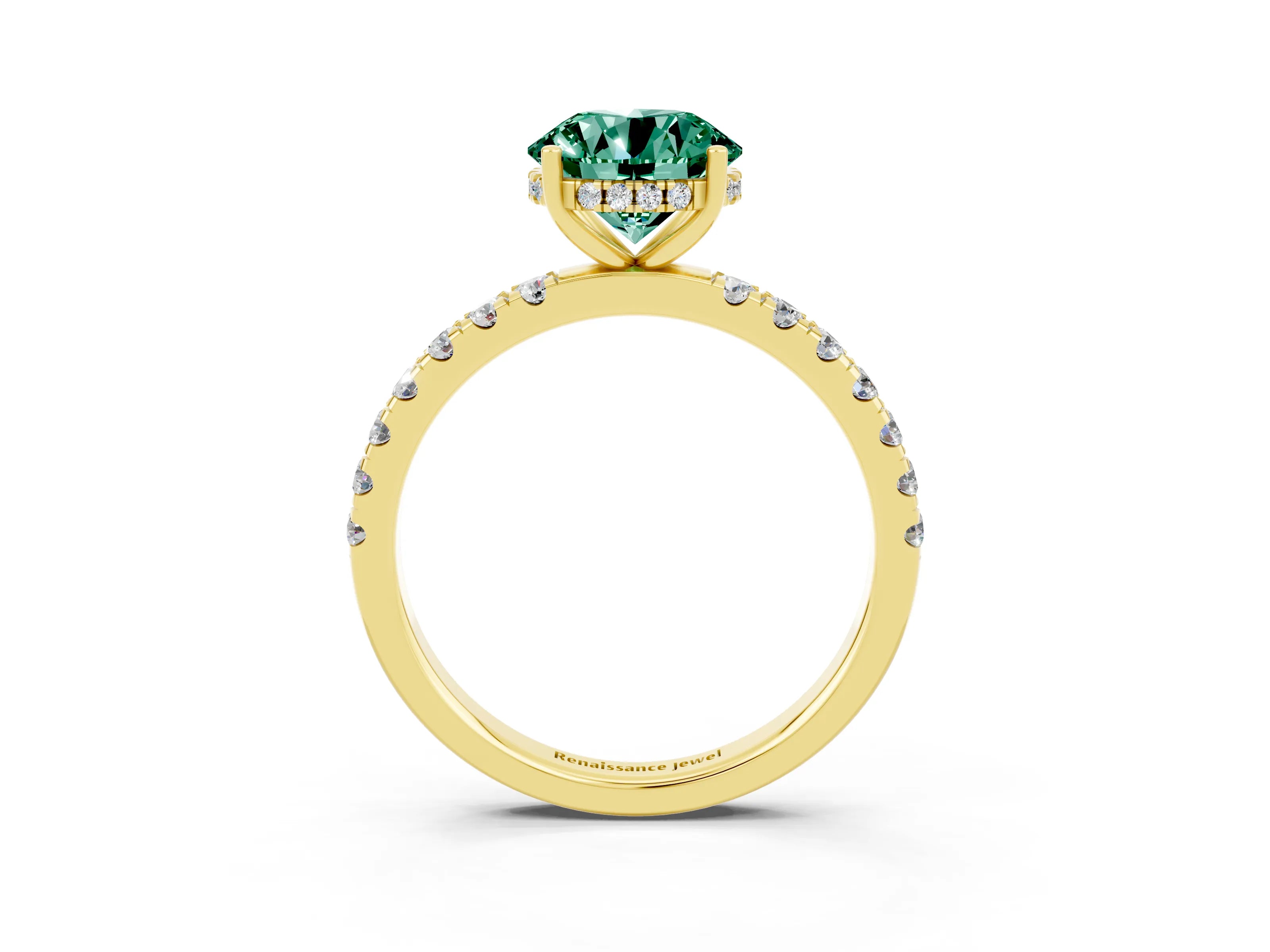 Yellow gold Round Cut Green Sapphire Pave Band Solitaire Ring with Four-Prong Setting_15