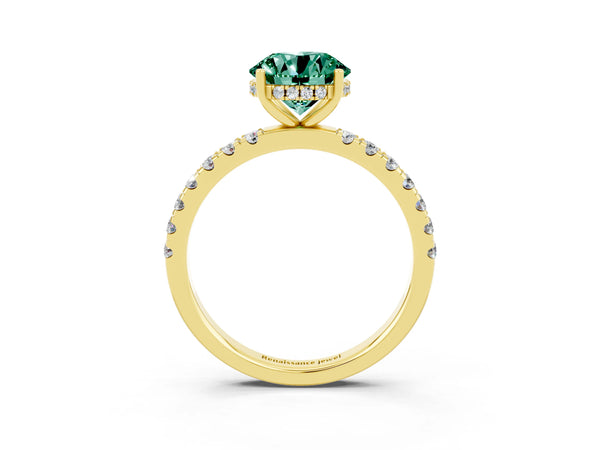 Yellow gold Round Cut Green Sapphire Pave Band Solitaire Ring with Round  and Prong Setting